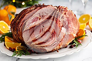 Spiral sliced Christmas ham with orange honey glaze