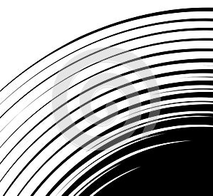 Spiral spreading from corner abstract element. Concentric, circular lines. Swirl, twirl shape