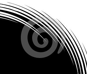 Spiral spreading from corner abstract element. Concentric, circular lines. Swirl, twirl shape
