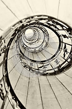 Spiral staircase. Black and white. View from bottom.