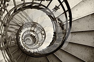 Spiral staircase. Black and white. View from top.
