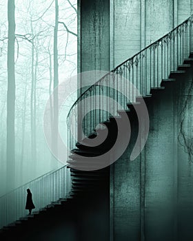 Spiral Staircase in a Foggy Forest with a Silhouetted Figure Ascending photo