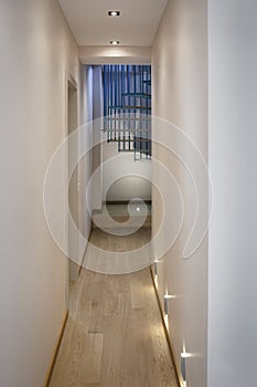 Spiral staircase, forged blue handrail and wooden steps in modern home. View from the corridor