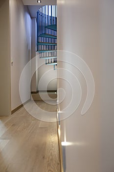 Spiral staircase, forged blue handrail and wooden steps in modern home. View from the corridor