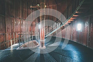 A spiral staircase inside a lighthouse. - vintage film effect