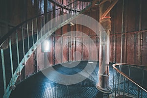 A spiral staircase inside a lighthouse. - vintage film effect