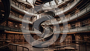 Spiral staircase inside modern library, steel railing, abstract pattern generated by AI