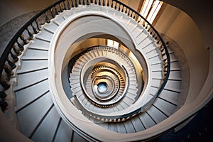 Spiral staircase in a modern building, closeup of photo, Spiral staircase in the church, Circular staircase from above,