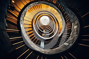 Spiral staircase in a modern building. View from above, Spiral staircase in the church, Circular staircase from above,