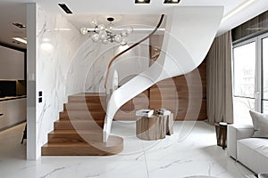 A spiral staircase stands in the center of the room