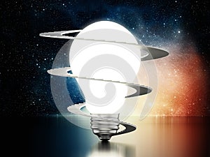 Spiral stairs around lit lightbulb. 3D illustration
