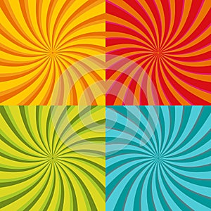 Spiral starburst, sunburst background set. Lines, stripes with twirl, rotating distortion effect. Red, yellow, green and