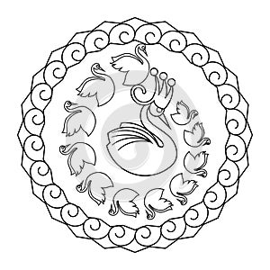 Spiral of swans circle vector mandala coloring book