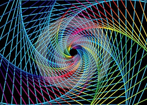 Spiral Swirl Radial Hypnotic Psychedelic illusion rotating background, colorful spectrum vector grid texture. Vaporwave, synthwave