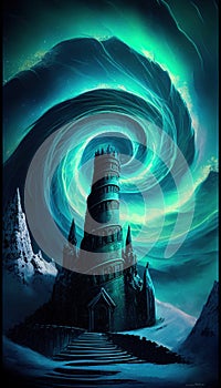 Spiral tower fortress rising up into the northern lights