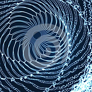 Spiral. Tunnel. Array with Dynamic Particles. Futuristic Style. Cyberspace Grid. 3D Vector Illustration