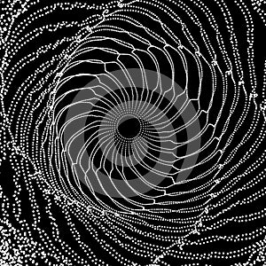 Spiral. Tunnel. Array with Dynamic Particles. Futuristic Style. Cyberspace Grid.