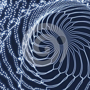 Spiral. Tunnel. Array with Dynamic Particles. Futuristic Style. Cyberspace Grid.