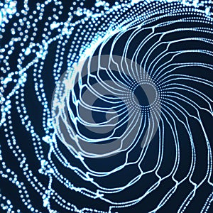 Spiral. Tunnel. Array with Dynamic Particles. Futuristic Style. Cyberspace Grid.