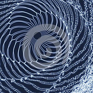 Spiral. Tunnel. Array with Dynamic Particles. Futuristic Style. Cyberspace Grid.