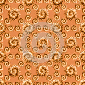 Spiral twisted circle black and white floral abstract seamless pattern on orange backgrounds retro style