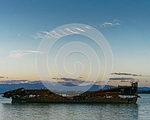 Spiral vapour trail from a jet aircraft in the sky over Motueka, Tasman region, south island, Aotearoa / New Zealand