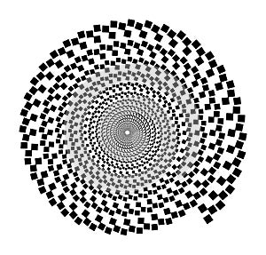 Spiral vector pattern from squares on a white background. Isolated geometric pattern. Black and white, monochrome