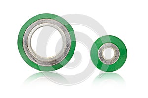 Spiral wound gasket stainless steel outer ring graphite in inner ring isolate on white background