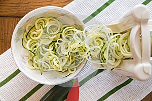 Spiral Zucchini zoodles noodles in spiralizer