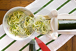 Spiral Zucchini zoodles noodles in spiralizer