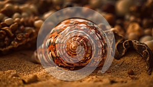 Spiraled gastropod shell beauty on sandy beach generated by AI