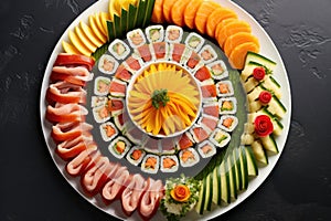 a spiraling assortment of sushi pieces on a plate