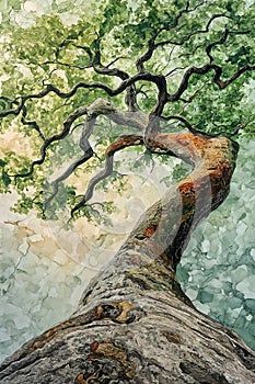 Spiraling Shades: A Whimsical Oak Tree Ink Wash on a Vibrant Yel photo