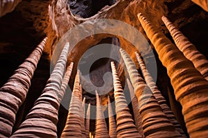 spiraling stalagmites in a volcanic cave interior