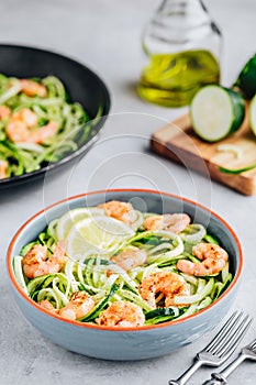 Spiralized zucchini noodles pasta with shrimps