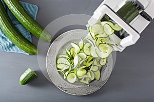 Spiralizing cucumber vegetable with spiralizer