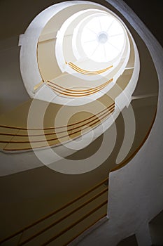 Spiralling stairs and skylight