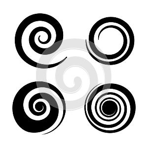 Spirals. Circle black twirl different forms, twisted swirl silhouette. Abstract wave curve shape pictogram, creative