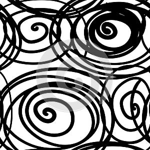 Spirals lines. Seamless pattern with hand drawn marker strokes. Ink illustration. Isolated on white background. Hand