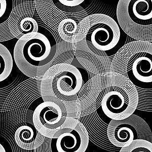 Spirals seamless pattern. Modern beautiful spiral circles ornamental background. Repeat geometric black and white backdrop. Wavy