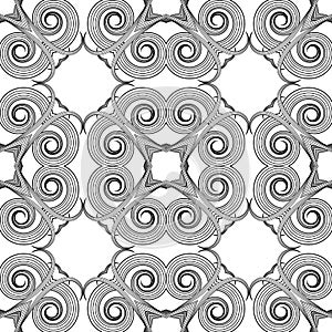 Spirals and swirls vector seamless pattern. Black and white abstract ornamental background. Isolated on white. Line art