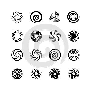 Spirals and swirls. Whirlpool and twirl. Abstract motion twisting circles isolated vector icons