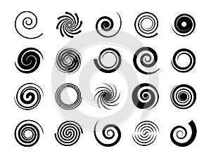 Spirals. Twisted swirl, circle twirl and circular wave elements, psychedelic hypnosis symbols, black geometric digital