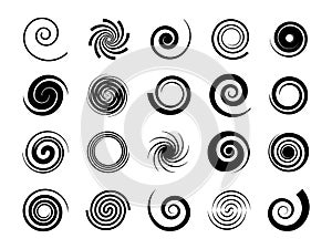Spirals. Twisted swirl, circle twirl and circular wave elements, psychedelic hypnosis symbols, black geometric digital photo