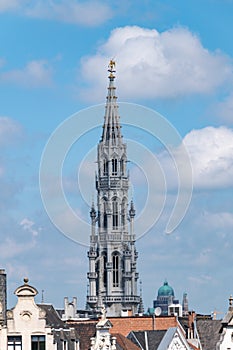 The spire of the Brussels City Hall seen from the Mont des Arts