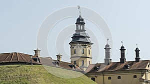 Spire of the castle tower of Nesvizh Castle, Belarus. Medieval castle and palace. Heritage concepts.