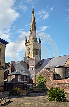 Spire of Cathedral Church of St Marie as seen from  forecourt of Upper Chapel. Sheffield. England photo