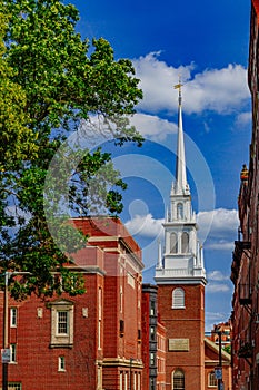 Spire of Old North Church with historical buildings in North End