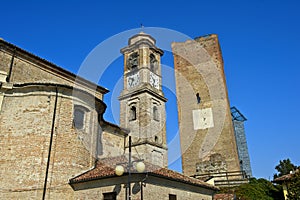 Spire of the San Giovanni Battista Church and the medieval watch tower, Barbaresco