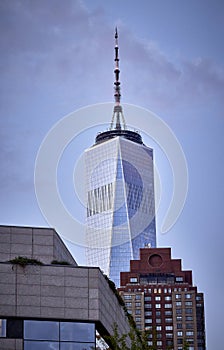 The spire at the top of One World Trade Center formerly known as Freedom tower New York City USA